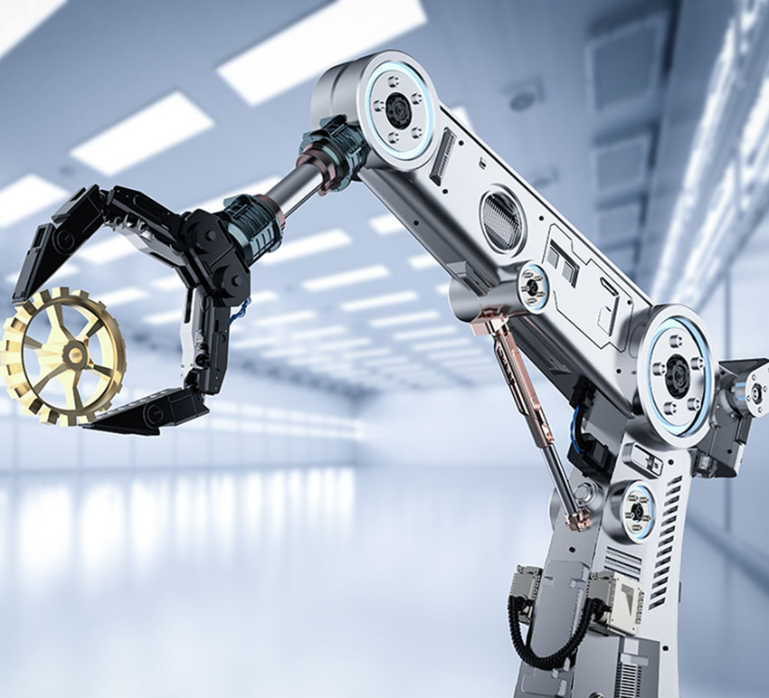 Industrial technology with 3d rendering metal robotic arm or robot hand hold gear for engineering industry